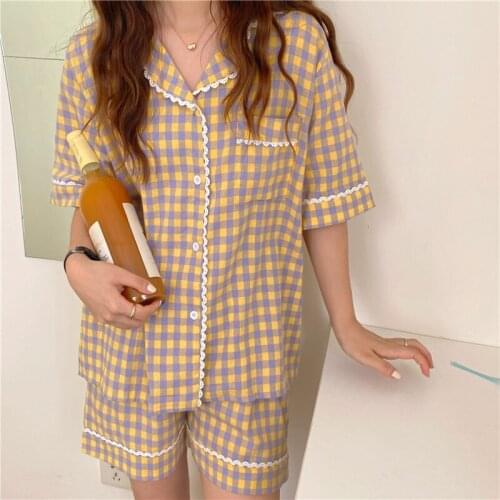 Cotton Summer Pajamas Set For Women Short Sleeve Turn Down Collar Plaid Shirt And Shorts Sleepwear Sweet Korean Casual Home Top