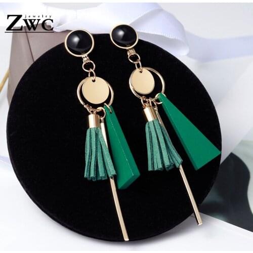 ZWC Personality Korean Fashion Triangle Geometric Wood Drop Earrings For Women Vintage Female Tassel Long Women Earrings Jewelry