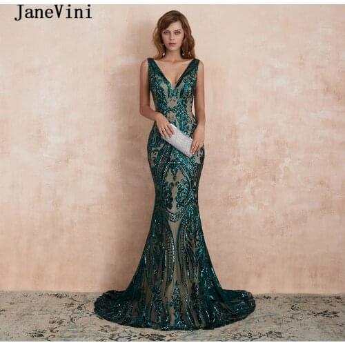 JaneVini Sexy Green Mermaid Long Evening Dress Deep V Neck Bling Sequined Sleeveless Dubai Luxury Evening Dresses Vestido Longos