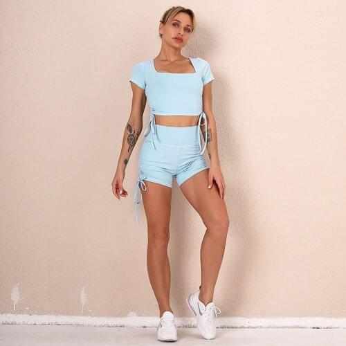NORMOV Sets Women Fitness Square Collar Short Sleeve Tops And High Waist Push Up Shorts Suit Solid Summer Bandage Sets Femme