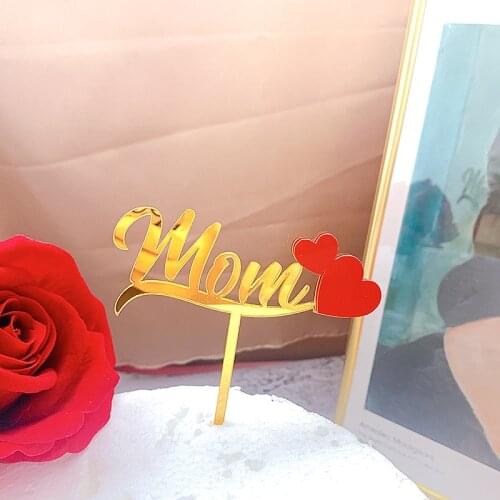 Red Love Heart Mothers Day Acrylic Cake Topper Gold Mom Birthday Cake Baking Decoration for Mommy Birthday Party Cake Supplies