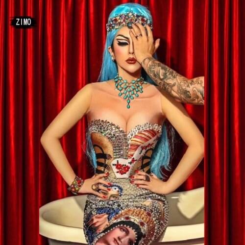 Fashion Colorful pearl Rhinestone Dress sexy Women Sleeveless 3D Print Bodycon Singer Nightclub Prom birthday Party long Dresses