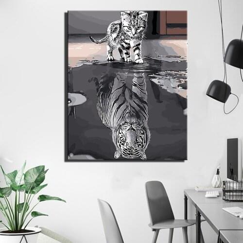 Tiger And Cat Wall Posters Gray Color Cat Reflection In Tiger Modern Abstract Cuadros Pictures Unframed For Living Room Wall