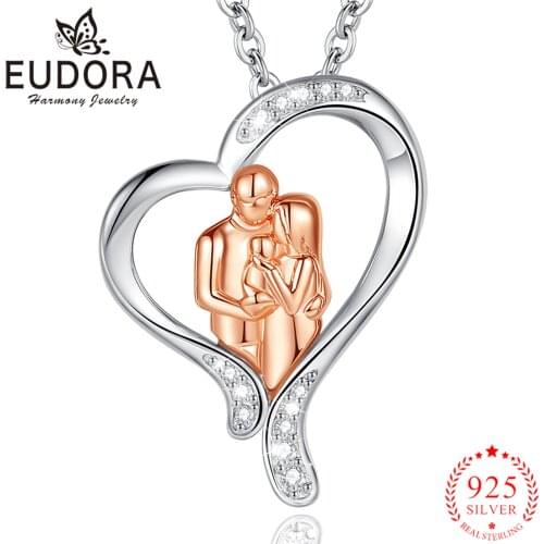 Eudora 925 SilverI Mom Dad Baby Rose Gold Pendant Family Embraces Pure CZ Necklace Women Fashion Jewelry Mom Birthday Day Gift