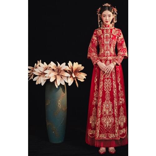 Embroidery Dragon Phoenix Long Cheongsam Women Banquet Chinese Traditional Bride Dress Wedding Mandarin Collar китайская одежда