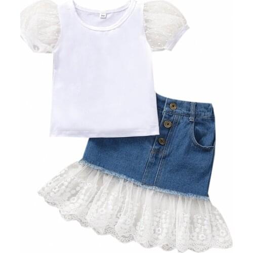 Infant Kids Baby Girls Puff Short Sleeve Top Shirt Lace Denim Skirt 2Pcs Set Clothes Summer Outfit
