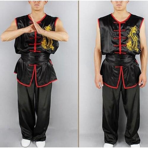 Unisex high quality sleeveless embroidery dragon nanquan kung fu clothing martial arts uniforms wushu suits black/blue