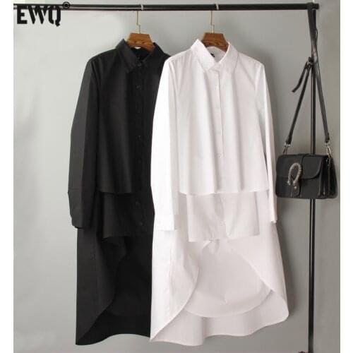 [EWQ]2021 Summer New Turn-down Collar Long Sleeve Asymmetrical Large Size High Quality Shirt Top Loose Trend Women Blouse QH324