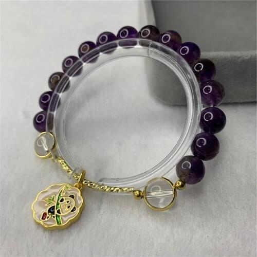 Bohemia Womens Jewelry Natural Amethysts 8mm Round Beads High Grade Bracelet Energy Yoga Love Stone Pendant Chain 7.5inch Y905