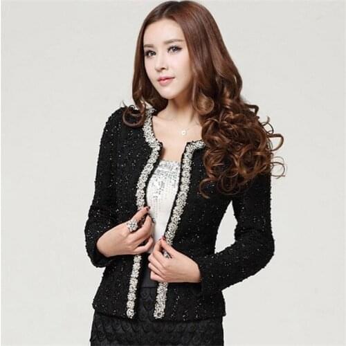 2018 Autumn Womens Beading Long Sleeve Woolen jacket Trim Pearl Pocket Runway Jacket tweed jacket White Tweed Jacket Coat