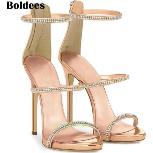 Boldees Concise Crystal Gladiator Women Sandals High Heels Sexy Rhinestone Women Heel Sandals Summer Women Pump Shoes
