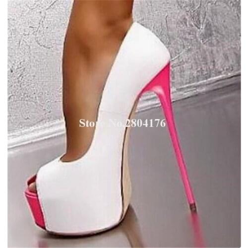 Women Fashion Design Peep Toe High Plaform Patchwork Pumps Sexy White Super High Heels Formal Dress Shoes Evening Heels