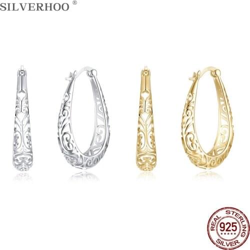 SILVERHOO Minimalist Earrings For Women 925 Sterling Silver 2 Color Hollow Out Pattern Golden Stud Earring Female Luxury Jewelry