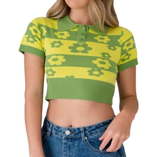 Floral Print Knitted Crop Top Sweater Y2K Aesthetic Short Sleeve T-shirts for Women Summer Korean Style Pullover Knitwear