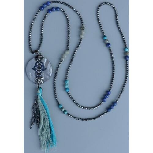 EDOTHALIA New Beautiful Shell Pendant CZ Hamsahand Long Necklace For Women Female 3MM Faceted Hematite Beads Necklace Jewelry