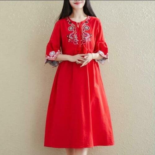 2019 Summer New Fashion Ethnic style Womens Cotton Linen Embroidery Loose Dress