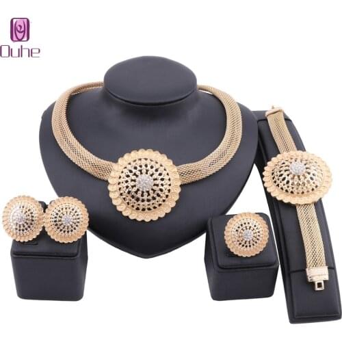 African Jewelry Charm Necklace Earrings Dubai Gold Jewelry Sets for Women Wedding Bridal Bracelet Ring Jewelry Set