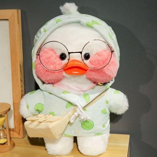 Green Sleeve White Bag Hoodie Hyaluronic Acid Duck with Glasses Hat Plush Toy Stuffed Soft Birthday Christmas Day Gift for Girls