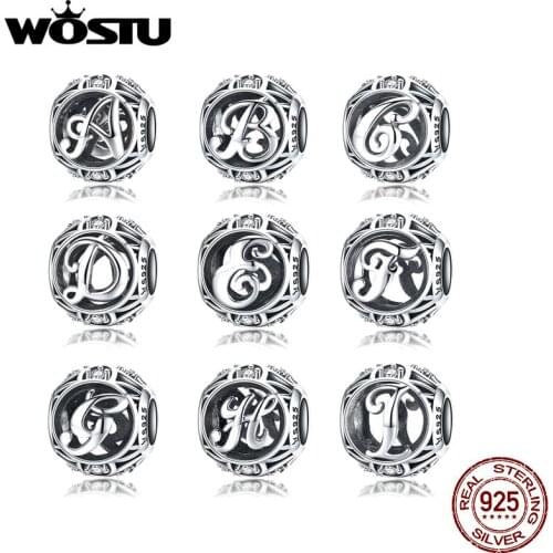 WOSTU Hot Fashion Beads Genuine 925 Sterling Silver Hollow Letter Charms fit Bracelet Necklace DIY Silver Jewelry Making FIC738