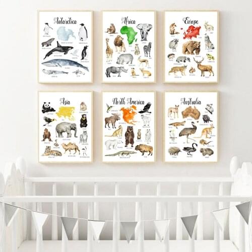 Nursery Education Canvas Painting Animal Chart Map Child Poster Nordic Art Print Wall Picture Baby Kids Study Room Decoration