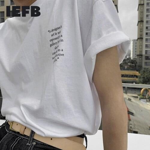 IEFB Summer Short Sleeve T-shirt Mens Korean Fashion Round Neck Letter Print Tops Trend Loose Casual White Tee 2021 New 9Y7174