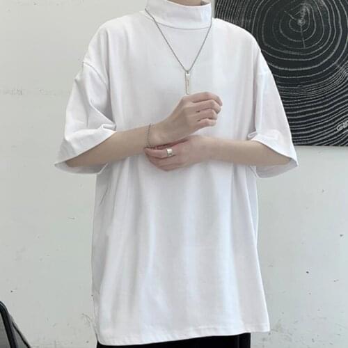 Summer Solid Color High Neck T-shirt Men Korean Fashion Loose Casual T-shirt Men Harajuku Streetwear Short-sleeved T-shirt Men