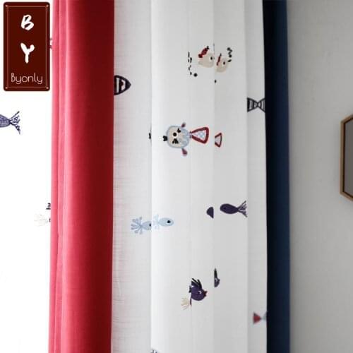 Imitation Cotton and Linen Bamboo Cotton Embroidery Childrens Boys Room Cartoon Fish Blue Red Stitching Blackout Curtains