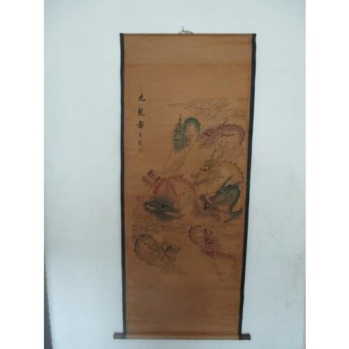 Home wall decoration painting ,Chinese old paper scroll painting , " 9 dragon "