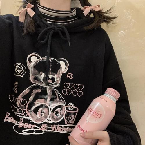 Korea Ulzzang Bear cute Women hoodies sweatshirts Loose Hip Hop Streetwear Top Vintage Punk Casual Harajuku New Women Clothing