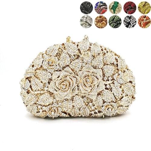 Bridal wedding party purse women evening party bag diamonds luxury wallet crystal clutches elegant rose flower crystal purse