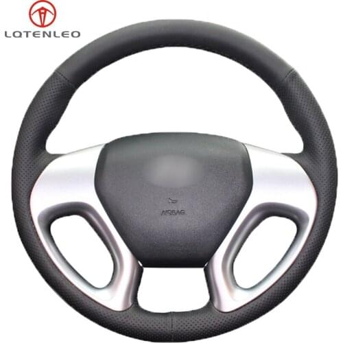 LQTENLEO Black Genuine Leather DIY Hand-stitched Car Steering Wheel Cover for Hyundai ix35 2011-2015 Tucson 2 2010-2015