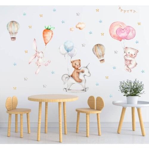 Sticker Wall Cartoon Bear Bunny Wall Stickers Star Balloons Baby Room Kindergarten Decoration Hot Air Balloon Kawaii