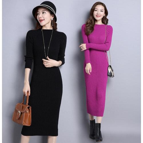 Autumn Woollen Dress Lady Pullover Womens Mid-Length Bottoming Shirt Super Stretchy Slim-Fit Long Dresses for Women Plus Size