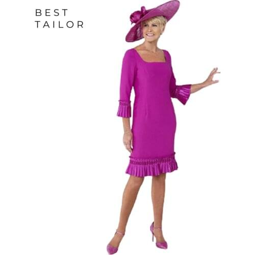 Column Mother of the Bride Dresses for Weddings 2021 Fuchsia Knee Length Sheath Pleats Bell 3/4 Sleeve Square Wedding Party Gown