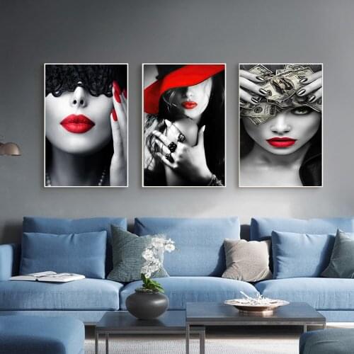 Sex Lady Red Lips Red Lace Hat Canvas Decorative Painting Art Woman Hush Smoke Red Nails Poster Living Room Home Decoration