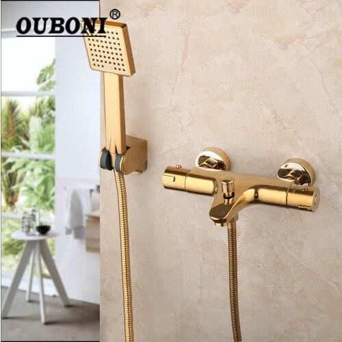 OUBONI Golden Plated Bathroom Thermostatic Shower Set W/ Rainfall Hand Shower Held Wall Mounted Bathtub Shower Mixer Faucet Set
