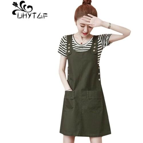 UHYTGF Student wear Strap Dresses Women Striped top+strap dress Summer two-piece set Short sleeve pocket Cute girl Mini Dress619