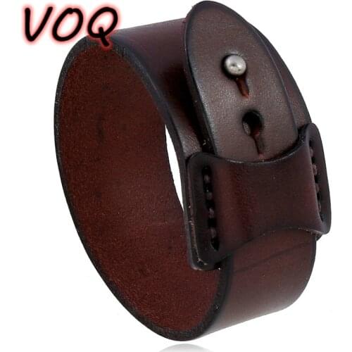 VOQ Punk Geometric Design Black with Brown Genuine Leather Wristband Cuff Bracelet for Unisex Jewelry Creative Gifts pulseras