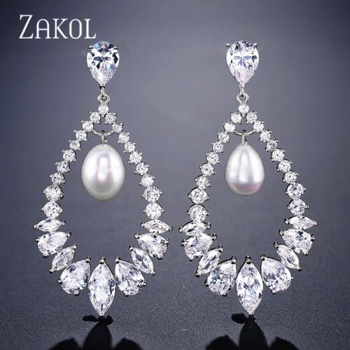 ZAKOL Luxury Hollow Marquise Cut Zirconia Drop Earrings For Women Wedding Fashion Imitation Pearl Jewelry Accessories FSEP2245