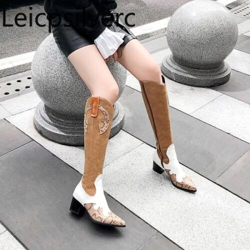 New style Autumn And Winter fashion zipper Pointed Color matching mid heel High tube Womens boots plus size 32-48 5.5cm high