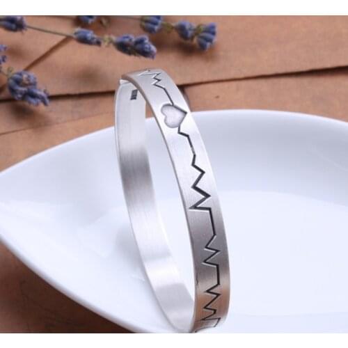 999 Sterling Silver heart heartbeat women Bangle Cuff Bracelet A3274