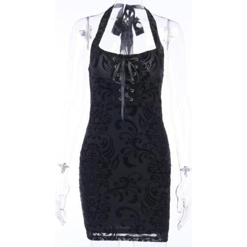 Goth Sexy 2021 Black Dresses Women Halter Mini Female Short Dress Party Gothic Vintage Dress Bandage Sleeveless Backless