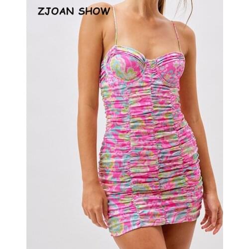 2021 Sexy Pink Flower Print Dropped Ruched Backless Sling Dress Woman Hollow out Back Package Hips Spaghetti Strap Mini Dress