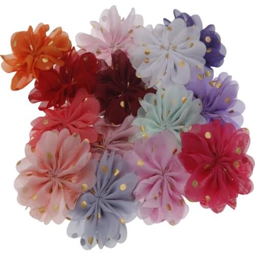 Wholesale 12PCS/LOT DIY Flowers Children Boutique 3 " Golden Chiffon Flowers Girls Hair Accessories Without Clips 24colors