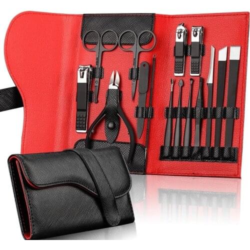Private Label Portable 15pcs Black Manicure Set For Pedicure Toe Nail Art Cutter Trimmer Ear Pick Grooming Kit Nail Clippers