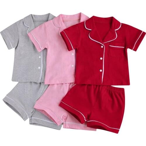2021 Kid Infant Baby Boy Girl 2-piece Pajama Suit Childrens Solid Color Short Sleeve Button Top+Short Pants Suits 1-7Y