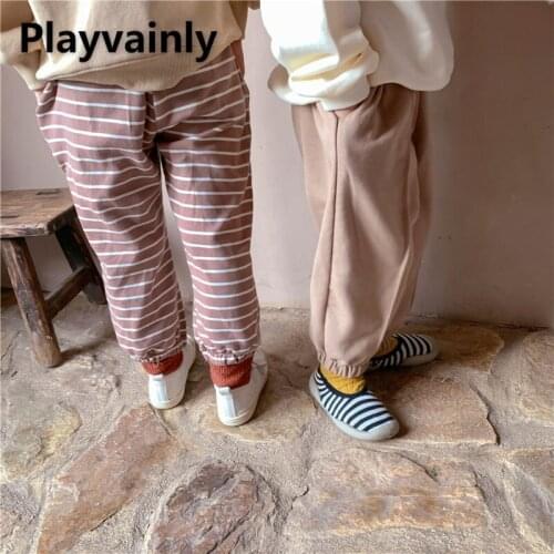 2021 Hot Sale Korean Style New Autumn Boys Girls Pants Elastic Waist Striped Cotton Sports Wide Leg Trousers Kids Clothes E1130