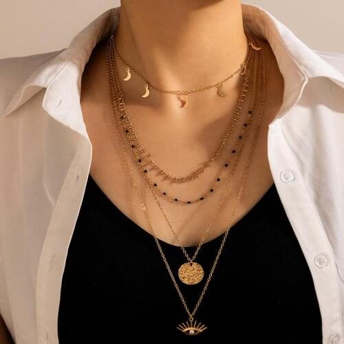 Tocona Bohemian Eyes Pendant Necklace for Women Trendy Moon Bead Multilayer Geometric Sweater Chain Jewelry Accessories 9746