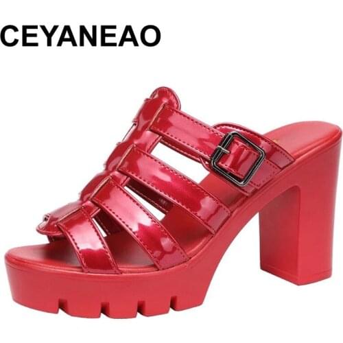 CEYANEAOPlus Size 32-43Peep Toe High Heels Slides Women Wedding Shoes Summer2021Red Buckle Platform Slippers Ladies Office Party