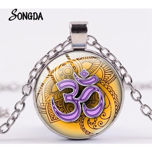India Buddhist Mandala Silver Plated Necklaces Yoga OHM OM AUM Flower of Life Glass Art Dome Pendants Collar Men Women Jewelry